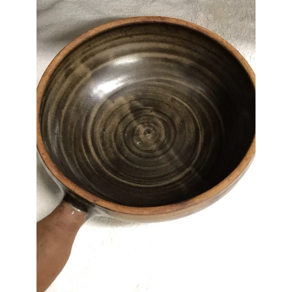 Stoneware Pottery Glazed Pot Bowl‎ with Handle Brown Tan Swirl